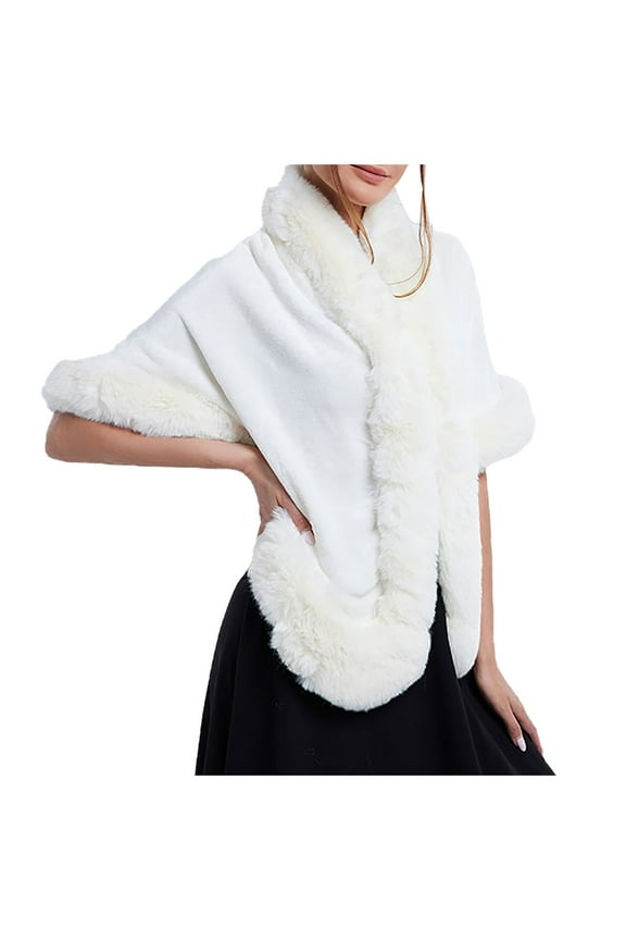 Elegant Women Shawl Collar Scarf Wrap Evening Cape Winter Coat Alternative Outerwear Accessory White One Size
