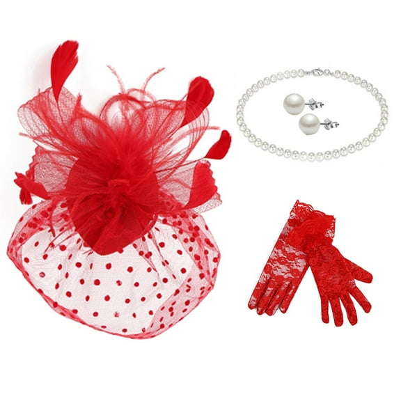 Fgnfyis Elegant Women's Bow Top Hat Set with Lace Gloves and Jewelry for Formal Occasions Red One Size