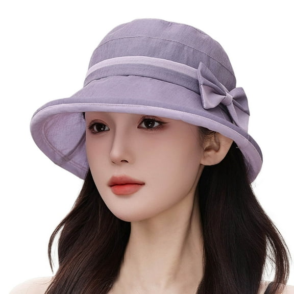 Fgnfyis Elegant Women's Bowknot Wide Brim Cloche Sun Hat for Wedding Tea Party Outdoor Summer Lightweight Breathable Foldable Dark Purple M