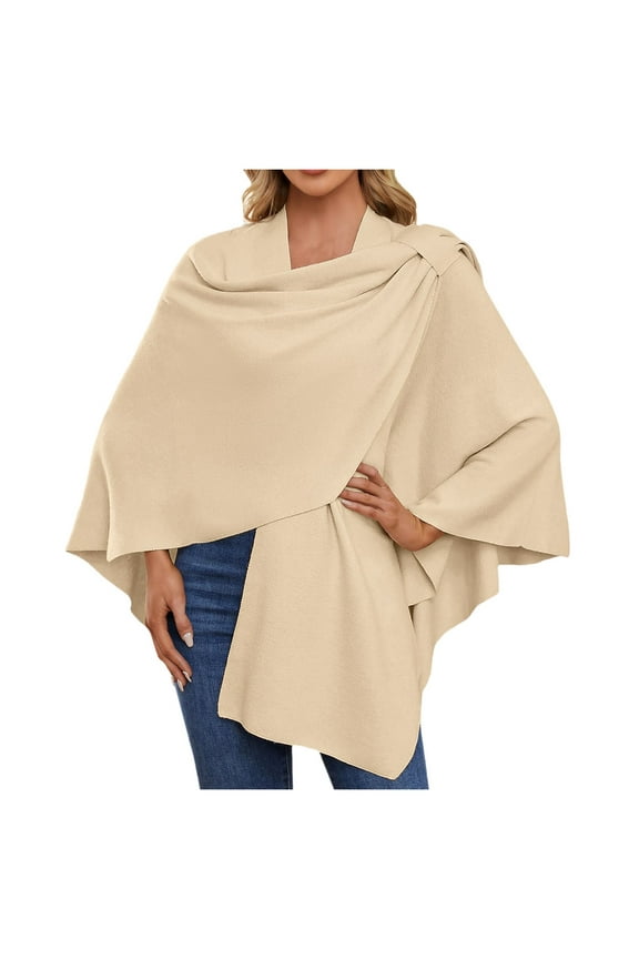 Elegant Women's Knitted Poncho Wrap Sweater Topper Shawl Cape For Fall Winter Season Beige One Size