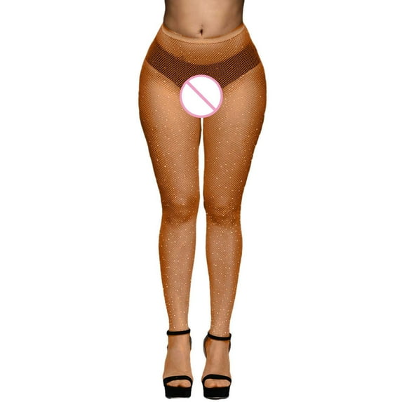 Fgnfyis Women Net Stockings with Glitter Decoration Fishnet Stockings Pantyhose All Over Mesh Design for Party Brown One Size