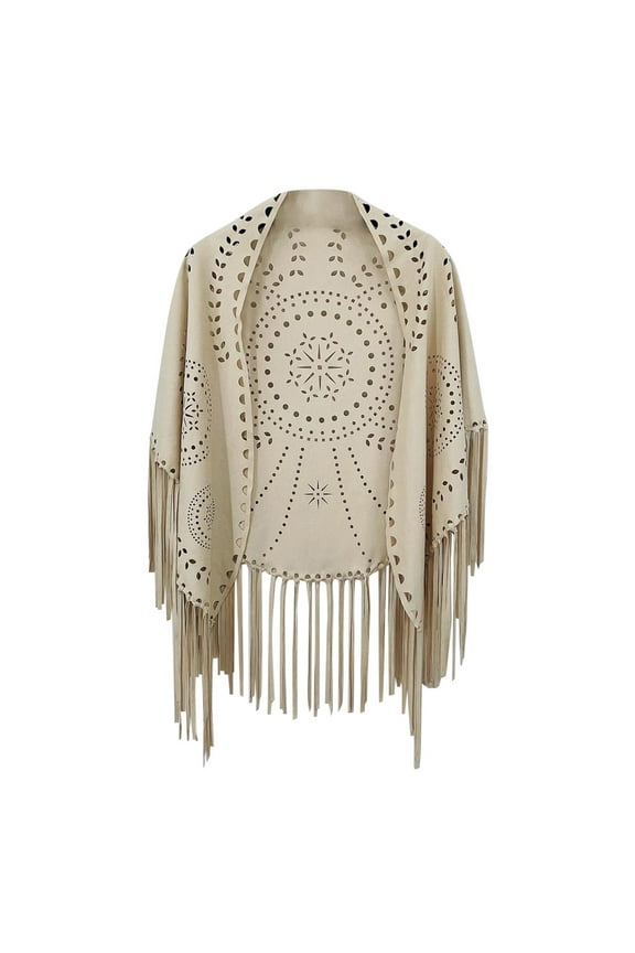 Elegant Women's Suede Fringe Cape Poncho Shawl Wrap With Punch Pattern Design White One Size