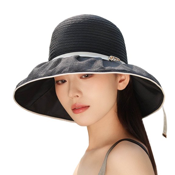 Fgnfyis Elegant Women's Wide Brim Sun Hat Summer Beach Wedding Tea Party Outdoor Packable Headwear Black M