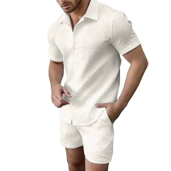 Fgnfyis European Solid Color Jacquard Short Sleeved Shirt Shorts Men Business Casual Loose Comfortable Trend Foreign Trade Two Piece Set Mens Suits Beige S