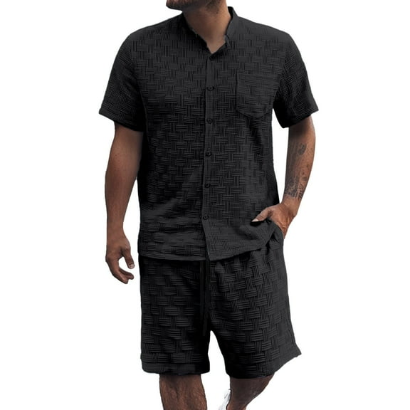 Fgnfyis European Solid Color Jacquard Short Sleeved Shirt Shorts Men Casual Loose Comfortable Business Trade Loose Trend Two Piece Set 2 Piece Sets for Men Black S