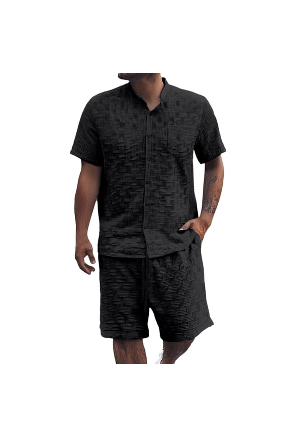 European Solid Color Jacquard Short Sleeved Shirt Shorts Men Casual Loose Comfortable Business Trade Loose Trend Two Piece Set 2 Piece Sets for Men Black S