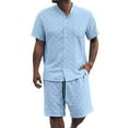 thumbnail image 1 of Fgnfyis European Solid Color Jacquard Short Sleeved Shirt Shorts Men Casual Loose Comfortable Business Trade Loose Trend Two Piece Set Two Piece Sets for Men Sky Blue S, 1 of 9
