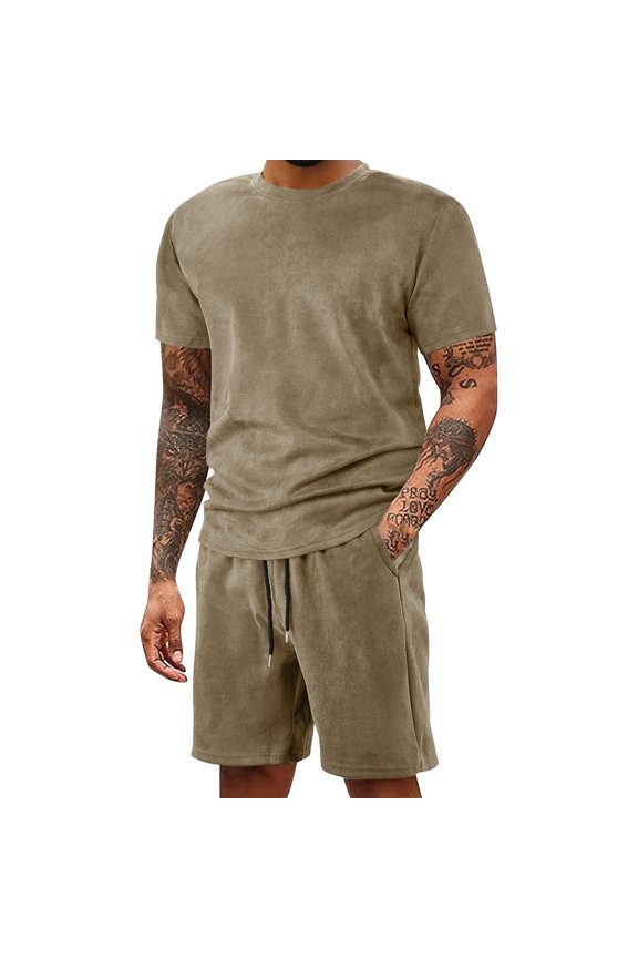 European Solid Color Suede Round Neck Short Sleeved T Shirt Shorts Men Casual Trend Business and Foreign Trade Two Piece Set 2 Piece Sets Men Outfit Green XL