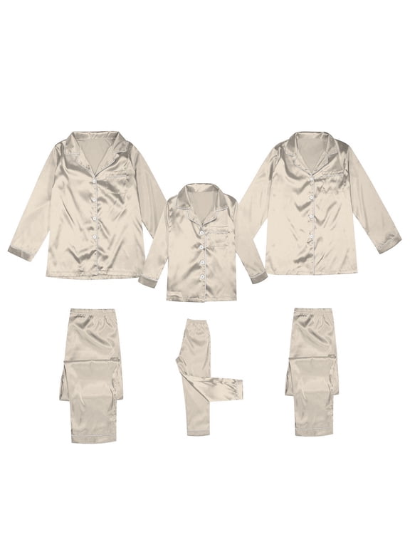 Family Matching Outfits Silk Satin Solid Long Sleeve Button Down Soft Cozy 2 Piece Pajamas Set Sleepwear Loungewear