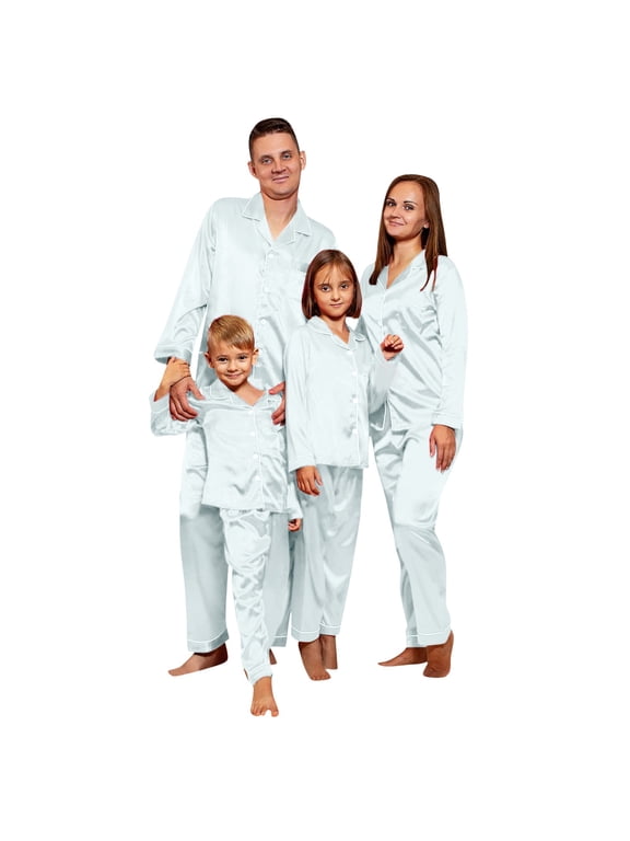 Family Matching Pajamas Set Silk Satin Button Down Sleepwear Long Sleeve Nightwear 2 Pcs Pj Set for Women Silver L