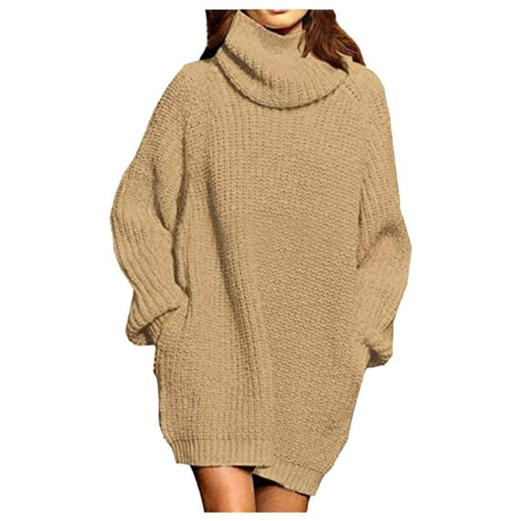 Fgnfyis Fashion Women Turtleneck Pocket Dress Midi Dress Long Sleeve for Autumn Winter Khaki XL