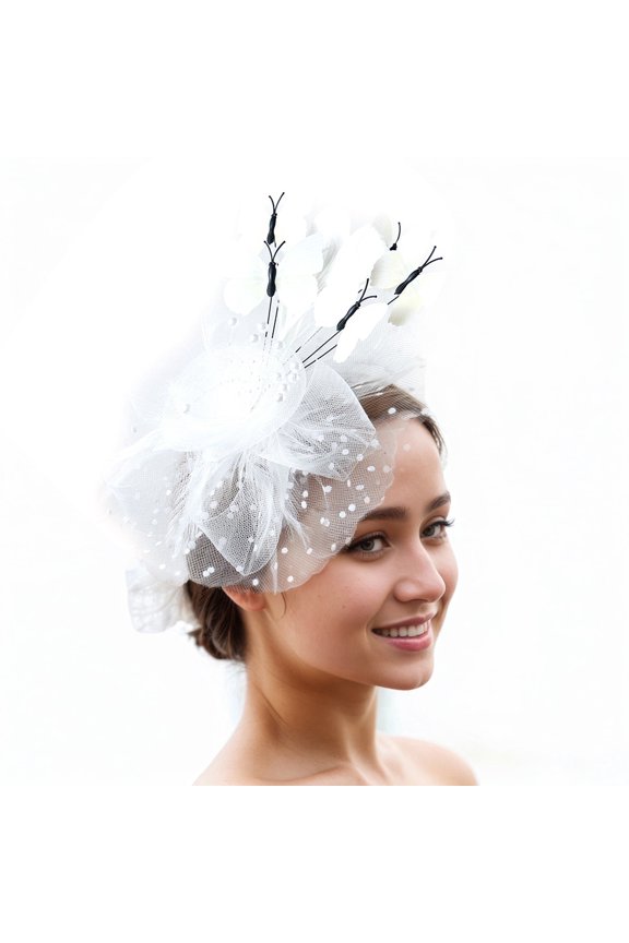 Feather Headband for Women Elegant Mesh Party Hat for Special Events and Performances Retro and Style White