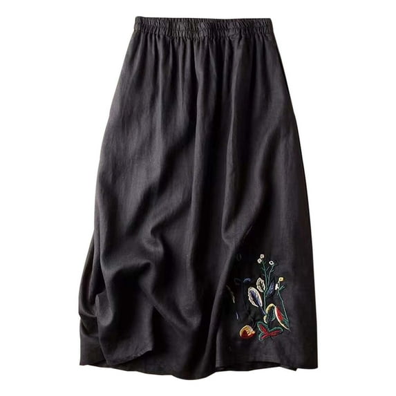 Fgnfyis Floral Embroidered Linen Skirt for Women A-Line Midi Length Versatile Flared Skirt for Spring and Summer Black L
