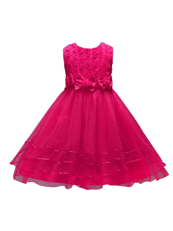 Flower Girl Dress Elegant Mesh Stylish Little Bow Floral Princess Tutu Party Gown Dresses for Girls Hot Pink 7-8 Years