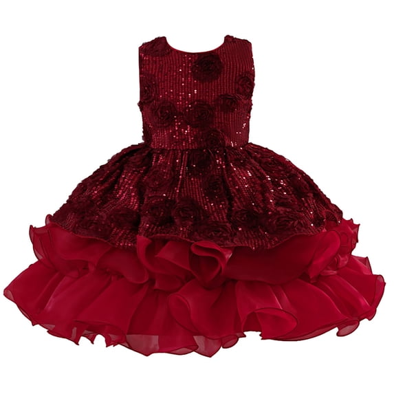 Fgnfyis Flower Girl Dresses High End Rose Sequined Puffy Birthday Christmas Party Princess Girls Summer Dress Red 6-7 Years