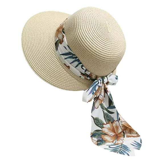Fgnfyis Foldable Floppy Straw Hat for Women Wide Brim Summer Beach Hat with Bow Upf 50+ Lightweight Sun Hats for Women Beige