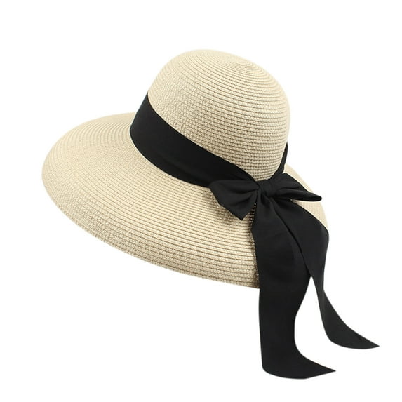 Fgnfyis Foldable Summer Fashion Straw Sun Hat with Bow for Women Beach Travel Wide Brim Cap Hats for Women Beige