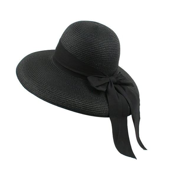 Fgnfyis Foldable Summer Fashion Straw Sun Hat with Bow for Women Beach Travel Wide Brim Cap Hats for Women Black