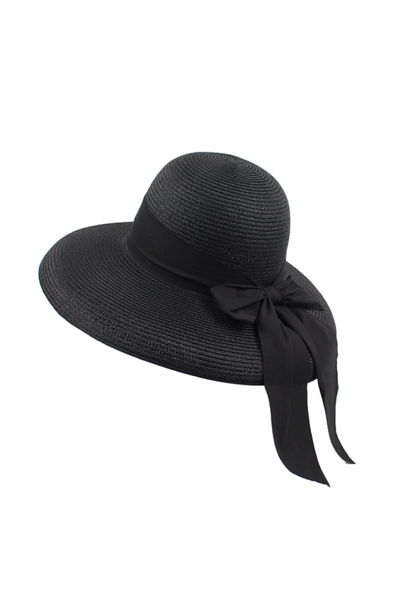 Foldable Summer Fashion Straw Sun Hat with Bow for Women Beach Travel Wide Brim Cap Hats for Women Black