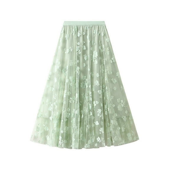 Fgnfyis French Style Mesh Splicing Flocking Large Hem Skirt for Women 2025 Waist A-line Skirt Elegant Midi Skirt Green One Size