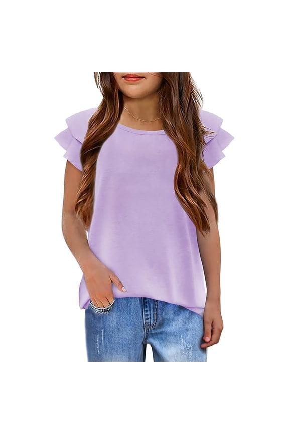 Girl Shirts Double Layer Ruffle Wavy Sleeves Summer Crew Neck Short Sleeve Casual Fashion Tee for Girls Girls Summer Tops Purple 11-12 Years