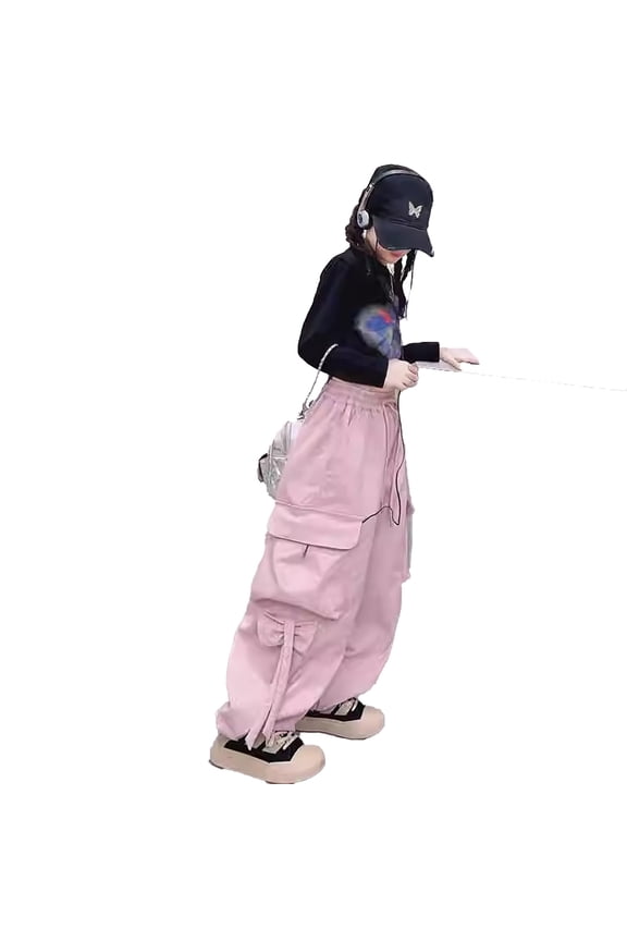 Girls Cargo Jogger Pants High Waist Elastic Drawstring Wide Leg Loose Casual Streetwear Trousers for Dance and Everyday Play Pink 6-7 Years