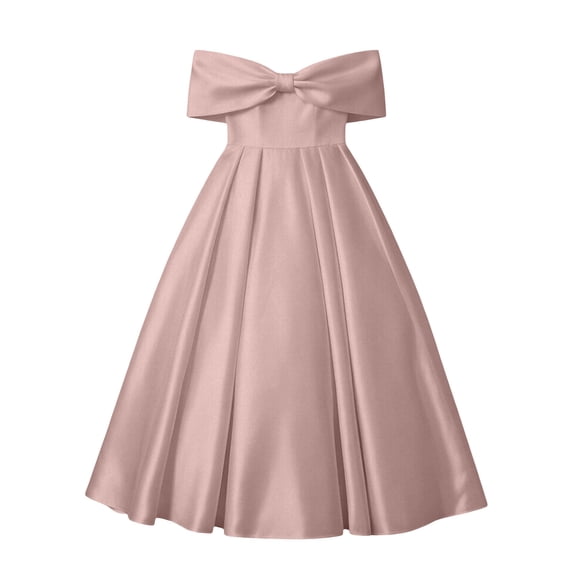 Fgnfyis Girls Dress Formal off Shoulder Solid Big Bow Sleeveless Floor Length Party Gown Big Kids Toddler Girl Dresses Light Pink 12-13 Years
