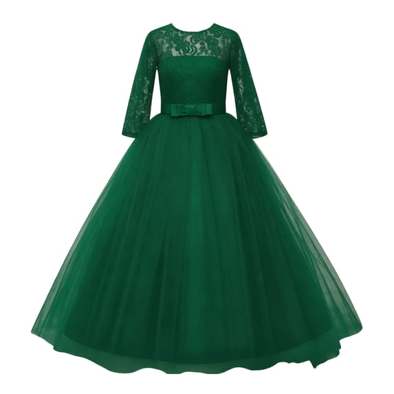 Fgnfyis Girls Dresses Long Sleeve Lace Wedding Bowknot Party Gown Performance Princess Flower Girl Dress Dark Green 5-6 Years