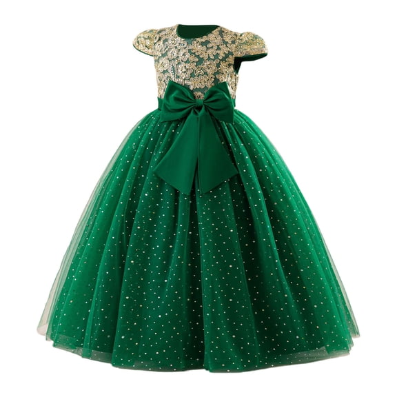 Fgnfyis Girls Elegant Embroidery Flutter Sleeve Tutu Party Gown for Birthday Celebration Formal Attire with Decorative Bow Dark Green 8-9 Years