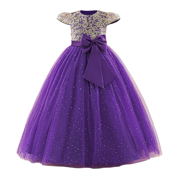 Fgnfyis Girls Elegant Embroidery Flutter Sleeve Tutu Party Gown for Birthday Celebration Formal Attire with Decorative Bow Purple 8-9 Years