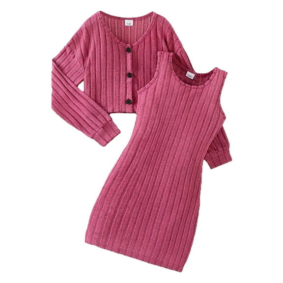 Fgnfyis Girls Outfits Set Ribbed Long Sleeve Coat and Sleeveless Dress for Big Kids Toddler Casual School Party Winter Fall Casual Wear Red 7-8 Years
