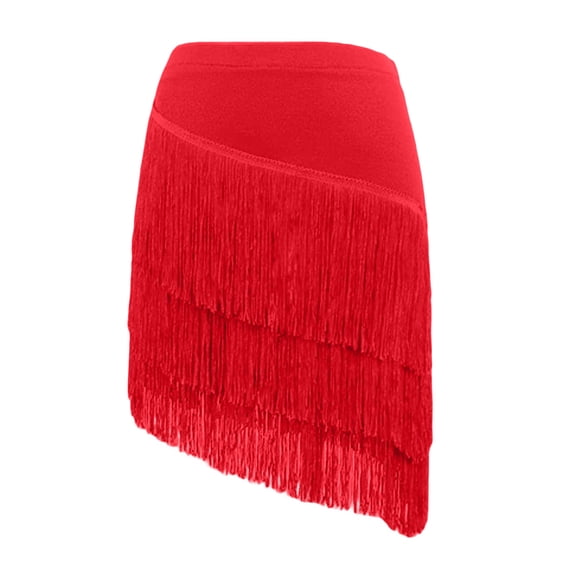 Fgnfyis Girls Skirt Dance Performance Solid Color Fringe V Cut Elastic Waist Semi Formal Tutu Skirts for Recital Ballet Jazz Red_002 10-11 Years