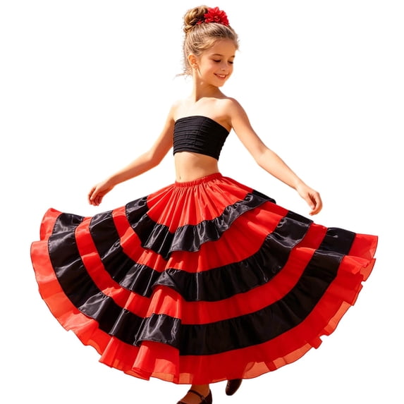 Fgnfyis Girls Skirt Opening Bullfighting Spanish Dance Swirling Full Skirts for Stage Show Performance Red_001 100