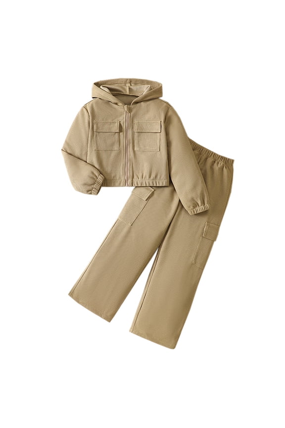 Girls Solid Color Outfits Tracksuit Long Sleeve Top and Pants Outfit Big Kids Fall Winter Casual Athletic Wear Comfortable Play Set Khaki 7-8 Years