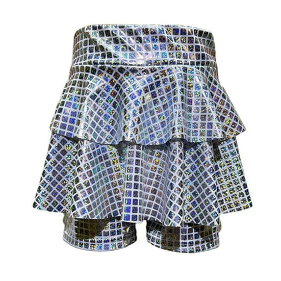 Fgnfyis Girls Sparkly Square Sequin Performance Dress with Attached Shorts and Play Tutu Sun Skirt for Party Stage Wear Silver 3-4 Years