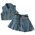 thumbnail image 1 of Fgnfyis Girls Stylish Summer Denim Outfit Set Fringed Sleeveless Cardigan with Pleated Skirt for Toddlers and Kids Casual Wear Blue 2-3 Years, 1 of 6