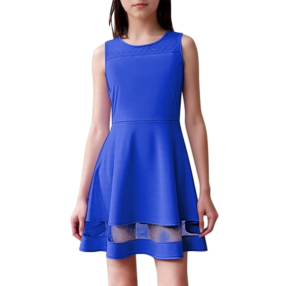 Fgnfyis Girls Summer Dress Solid Color with Mesh Patchwork Sleeveless Round Neck A Line and Pockets Blue 5-6 Years