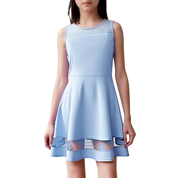 Fgnfyis Girls Summer Dress Solid Color with Mesh Patchwork Sleeveless Round Neck A Line and Pockets Light Blue S