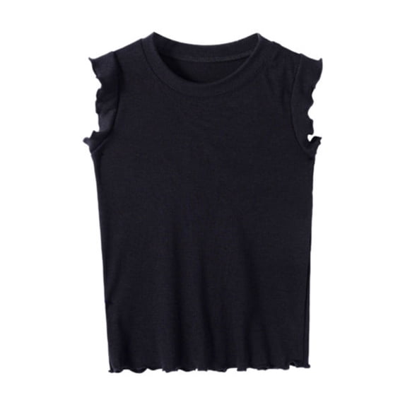 Fgnfyis Girls T Shirts Summer Sleeveless Ruffle Ribbed Round Neck Solid Color Casual Tee for Kids Comfortable Stretchy Tank Tops for Girls Black 7-8 Years