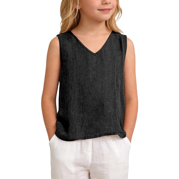 Fgnfyis Girls T Shirts Summer Sleeveless V-Neck Casual Beach Blend Comfortable Basic Tee for Kids Girls Tank Tops Black_002 7-8 Years