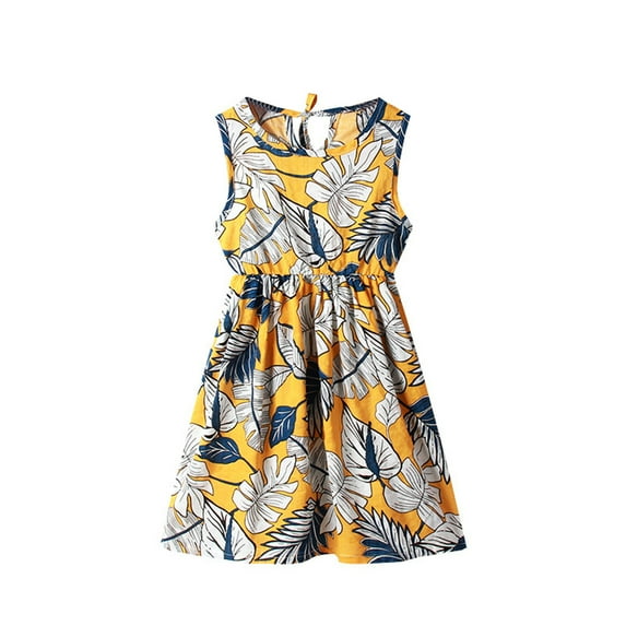 Fgnfyis Girls Toddler Dress Crew Neck Summer Sleeveless with Floral Prints for Casual Beach Party Attire Yellow 8-10 Years