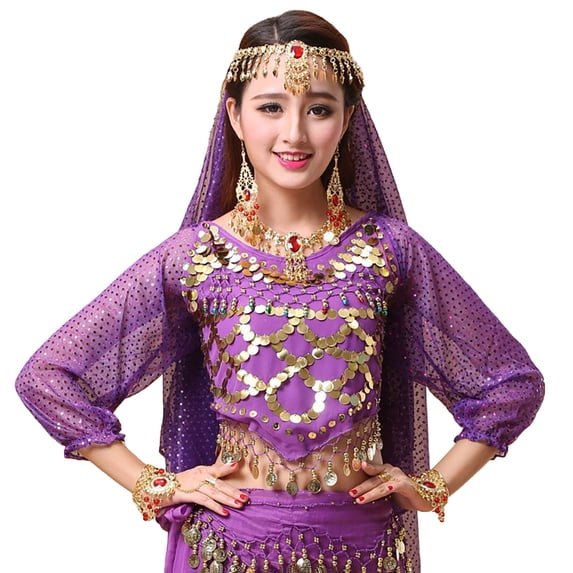 Fgnfyis Girls Tops Kids Belly Dance Outfits Sequins Short Sleeve Dance Top for Carnival Cute Summer Tops Purple 3-12 Years
