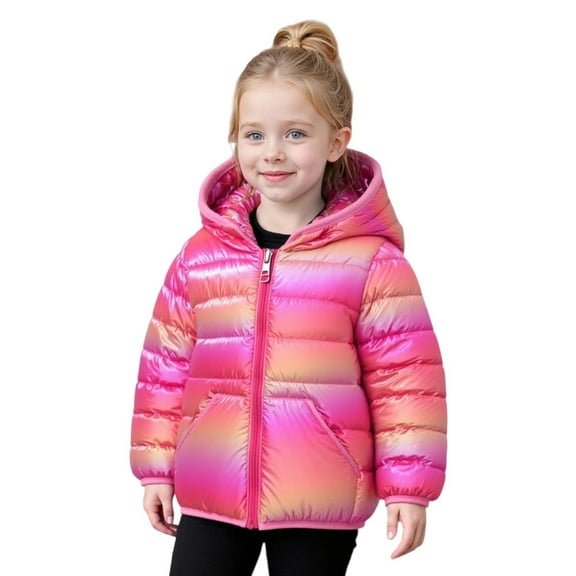 Fgnfyis Girls Winter Hooded Coat with Plush Ears Lightweight Insulated Jacket Color Gradient Long Sleeve Zipper Front Outerwear for Kids Red 3-4 Years