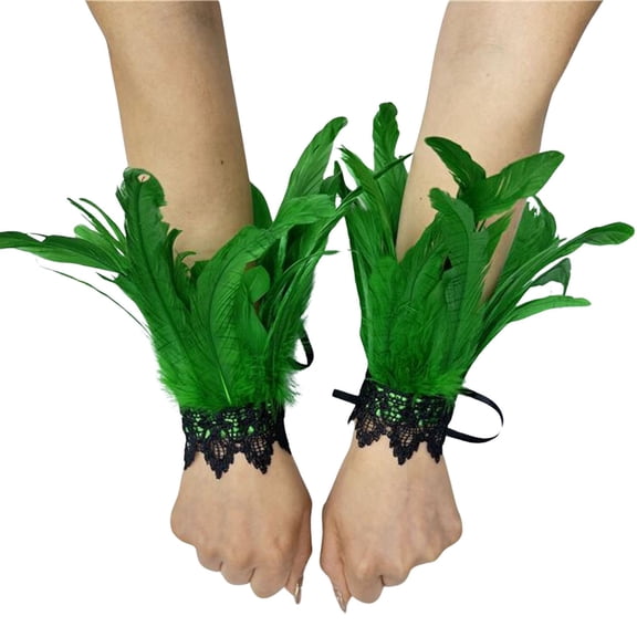 Fgnfyis Gloves Mittens Imitation Pearl Feather Decorative Wrist Sleeves for Halloween Masquerade Party Dress Up Green One Size