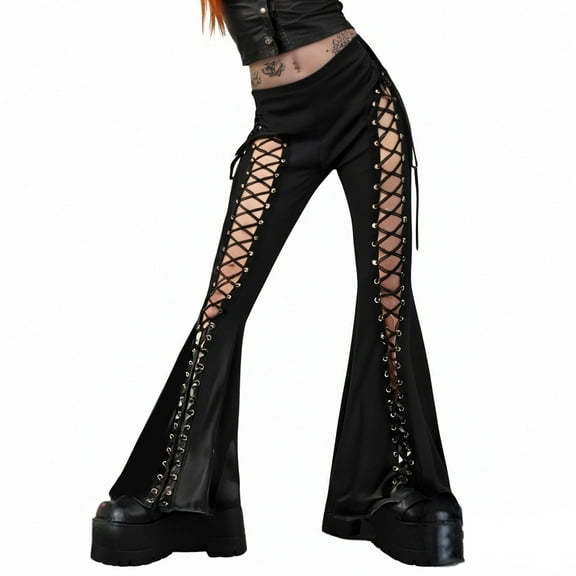 Fgnfyis Gothic Streetwear Flared Trousers with Eyelet Lace Up Detail for Casual Edgy Fashion Statement Women's Dress Pants for Unique Style Black S