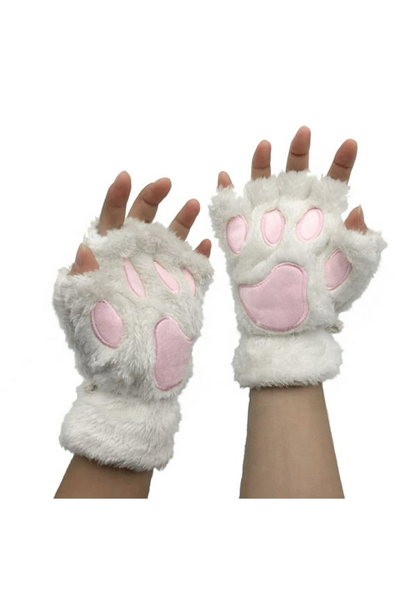 Cute Cat Half Finger Mittens for Women Thick Cartoon Design Winter Warmth and Fashionable Accessory White
