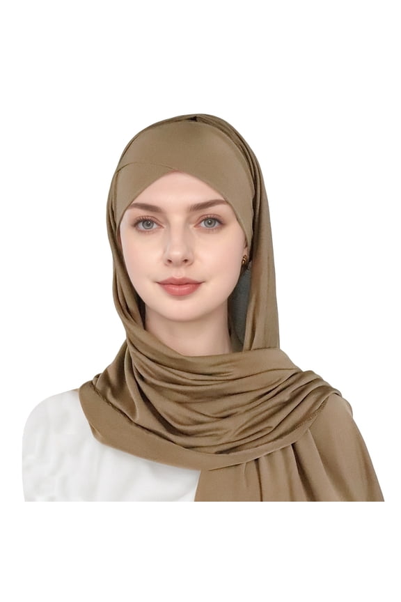 Head Scarf with Layer Tie Front and Integrated Cap Soft Breathable for Daily Wear Hijab Covering Coffee