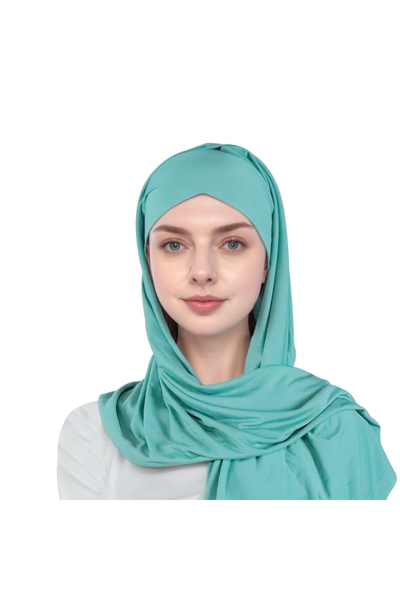 Head Scarf with Layer Tie Front and Integrated Cap Soft Breathable for Daily Wear Hijab Covering Green