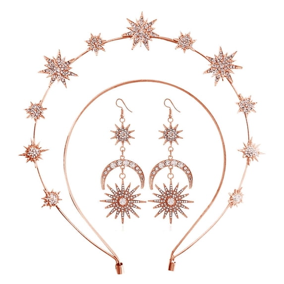 Fgnfyis Headbands for Women Carnival Sun Moon Star Fascinator Headband Earrings Set Hair Accessories Rose Gold One Size