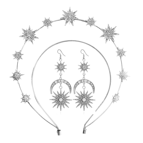 Fgnfyis Headbands for Women Carnival Sun Moon Star Fascinator Headband Earrings Set Hair Accessories Silver One Size